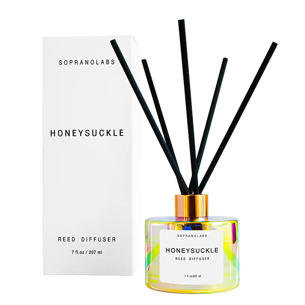 Honeysuckle Clean, Vegan & Cruelty Free luxury iridescent glass reed diffuser by SopranoLabs