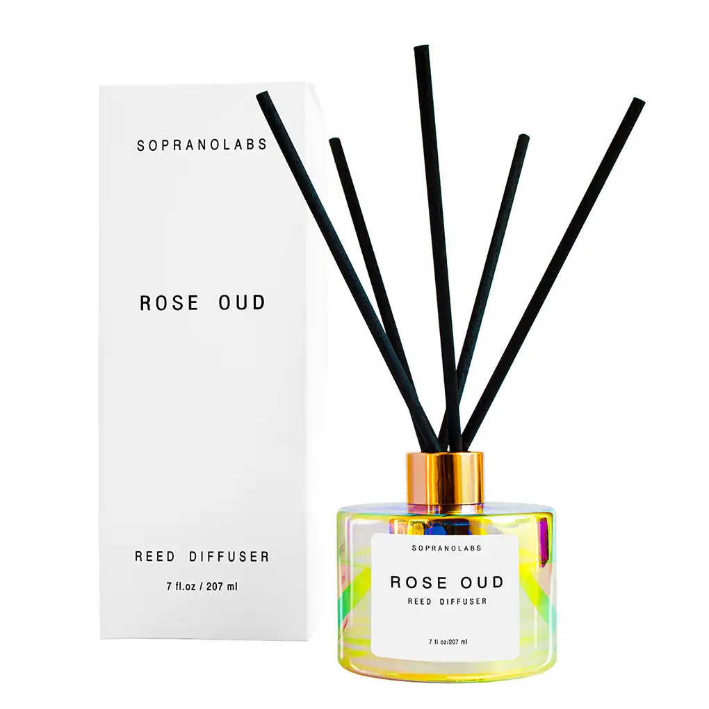 Rose Oud Clean, Vegan & Cruelty Free luxury iridescent glass reed diffuser by SopranoLabs